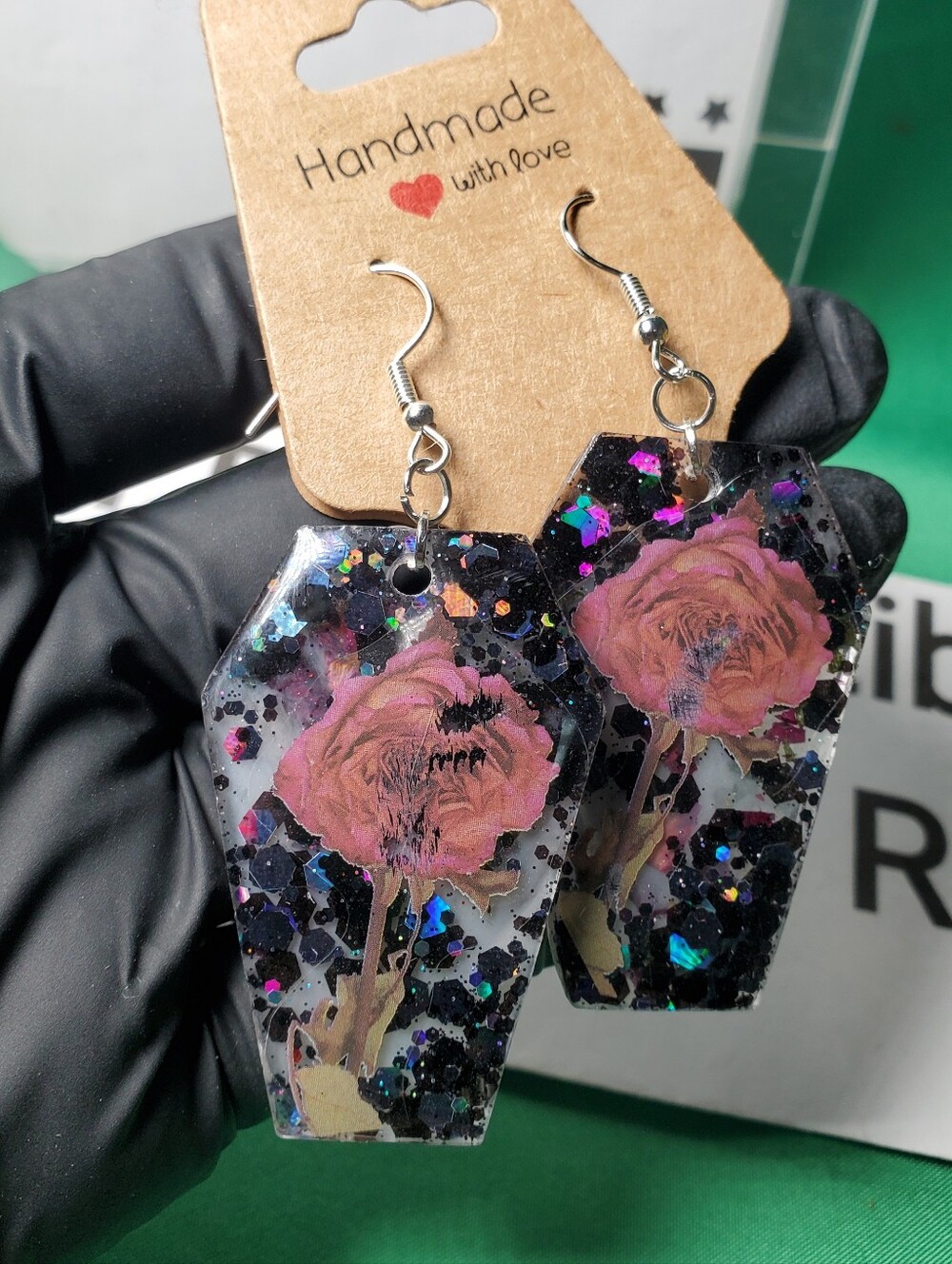 Handmade Rose Coffin Resin Earrings – Real Preserved Roses & Gothic Floral Dangl